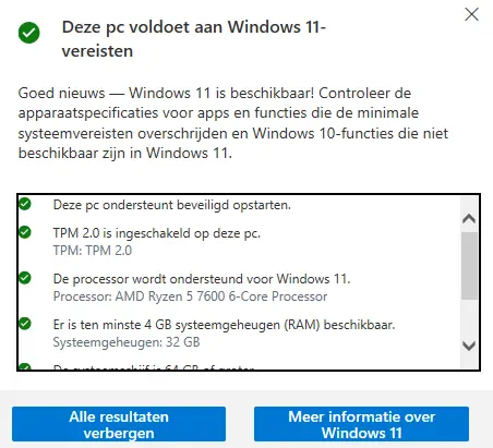 Windows 10 naar Windows 11 - PC Statuscontrole app